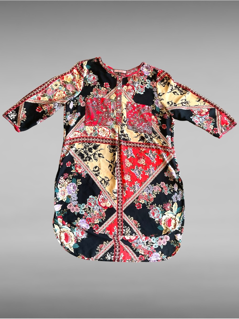Olive Hill  Black And Red Patchwork Floral Boho Tunic Dress  Size M